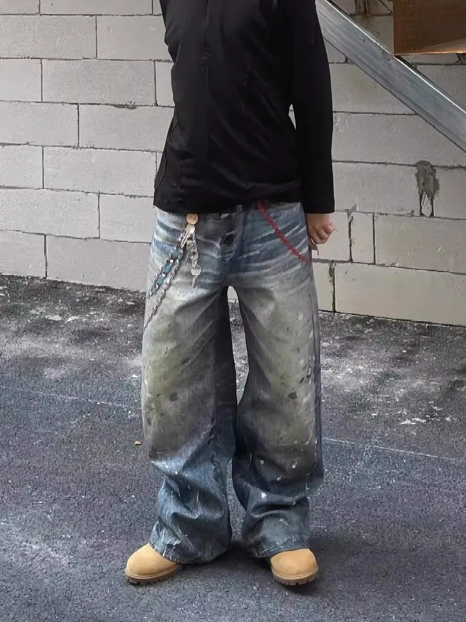 

Retro American High Street Digital Printing 3D Printed Chain Pendant Splatter Denim Loose Straight Leg Wide Leg Pants for Men