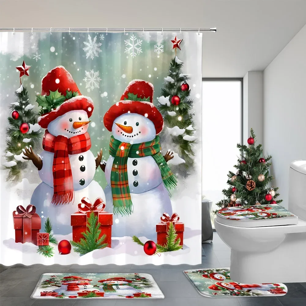 

4 Pcs Christmas Snowman Shower Curtain and Rug Set Santa Claus Christmas Gifts Snow Scene Hanging Curtain Bath Mat Bathroom Deco