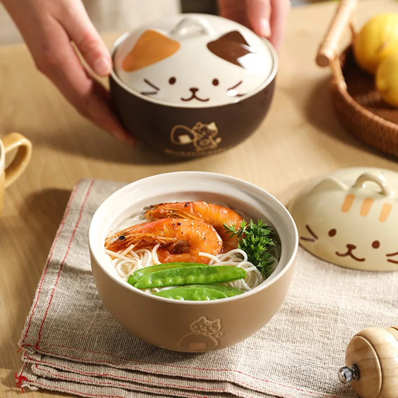 Creative Ceramic Soup Bowl, Cute Cartoon Animal Cat with Lid, Household Instant Noodle Bowl, Tableware
