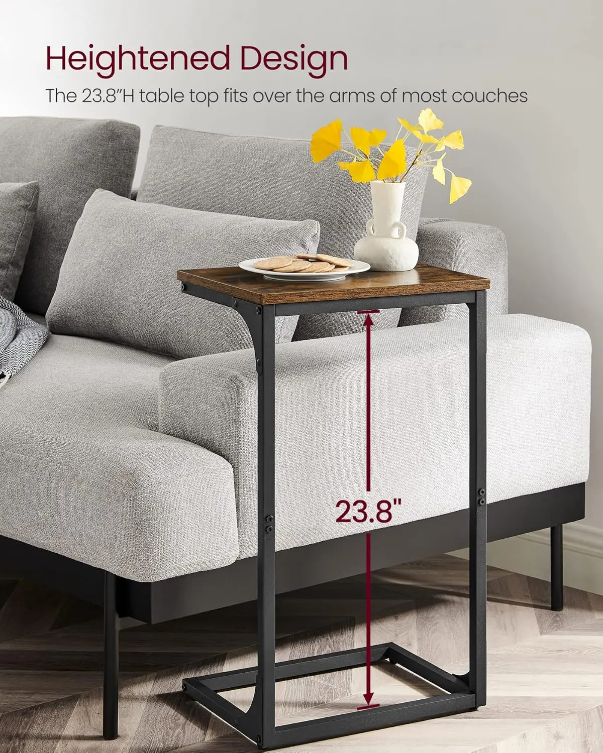 C-Shaped End Table, Side Table for Sofa, Couch Table with Metal Frame, Small TV Tray Table for Living Room, Bedroom, Rustic B