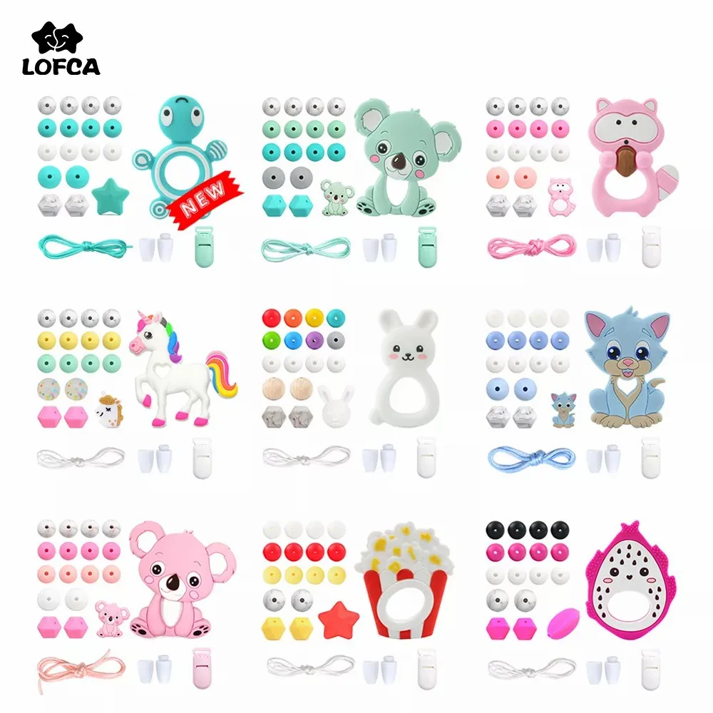 LOFCA Silicone Teether Wood Beads Set BPA Free DIY Baby Teething Necklace Toy Cartoon Koala Raccoon Pacifier Chain Clip