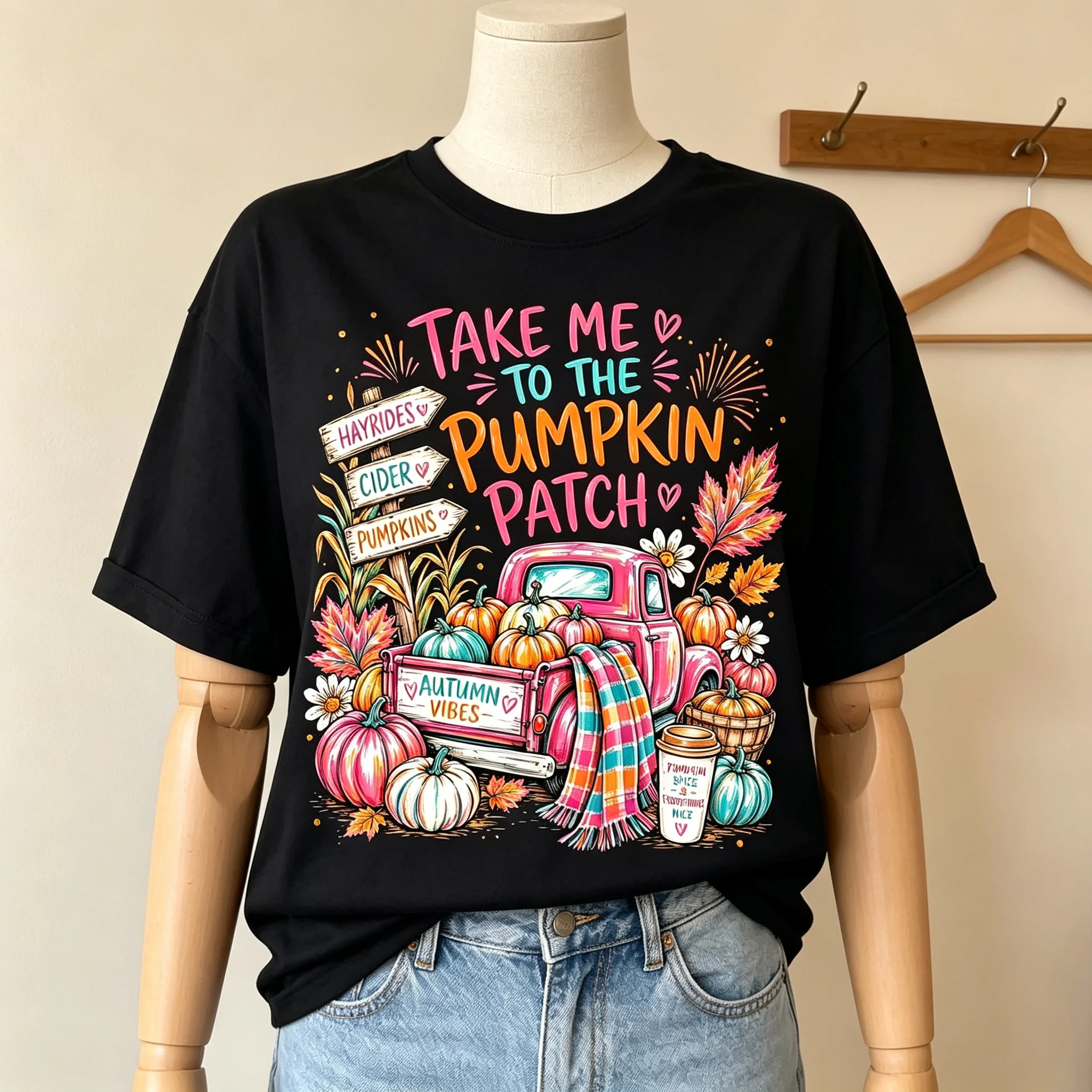 Women's Fall Halloween Pumpkin Patch T Shirt, Cute Pumpkin Truck Graphic Tee, Autumn Harvest Print Short Sleeve Casual Top