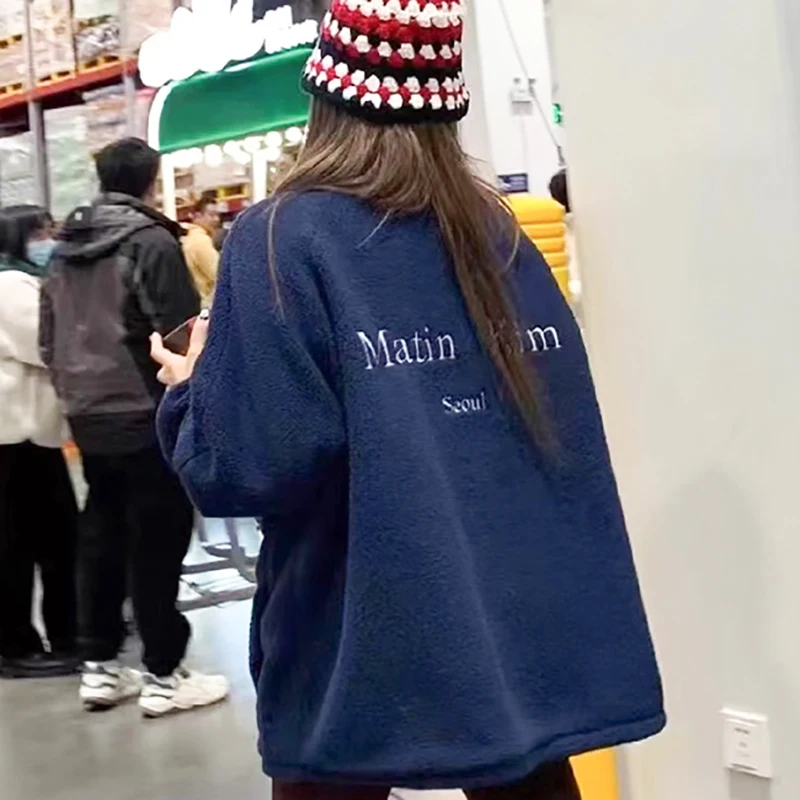 Lamb Fur Embroidered Letter Jaet Dili Reba Commute Sle Loose Fit Zipper ket Long Sve Stand Collar Thiened Women's...