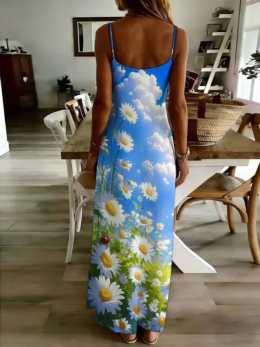 

Floral Daisy Print Sleeveless Maxi Dress Blue Sky Clouds Design Casual Outdoor Leisure