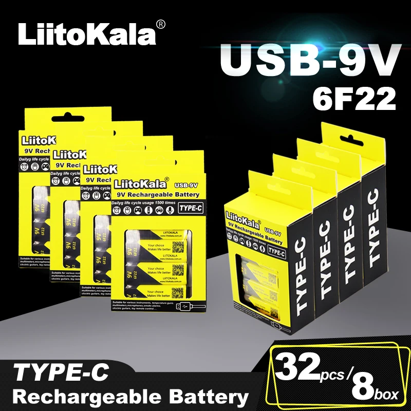 

32 шт. LiitoKala 9 В Type-C USB литиевые батареи для мультиметра, микрофона, игрушки, пульта дистанционного управления, литий-ионный аккумулятор KTV + линия USB