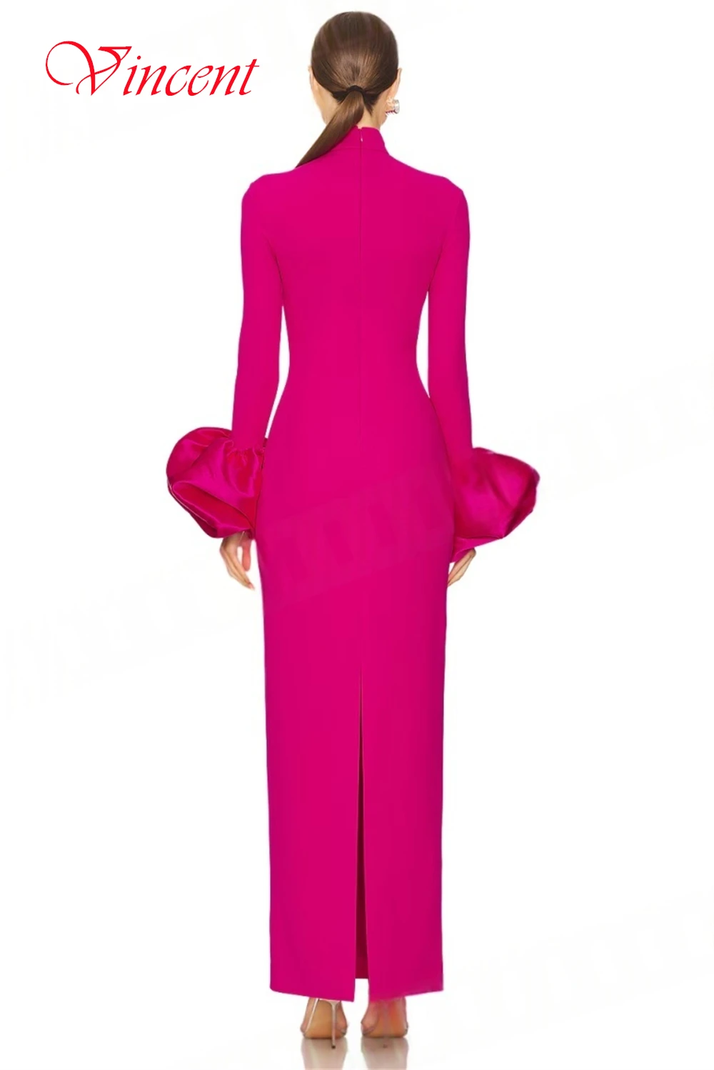 أزياء رسمية مخصصة حمراء طويلة الأكمام جيرسي حفلة موسيقية فستان سهرة فستان مناسبة مخصصة الكشكشة خط العنق العالي