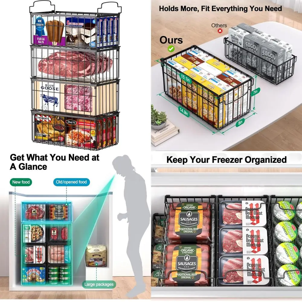 

reezer Organizer Bins, 4 Pack Stackable Deep Chest reezer Organizer Bins, oldable Baskets with Handles, Black Storage Container