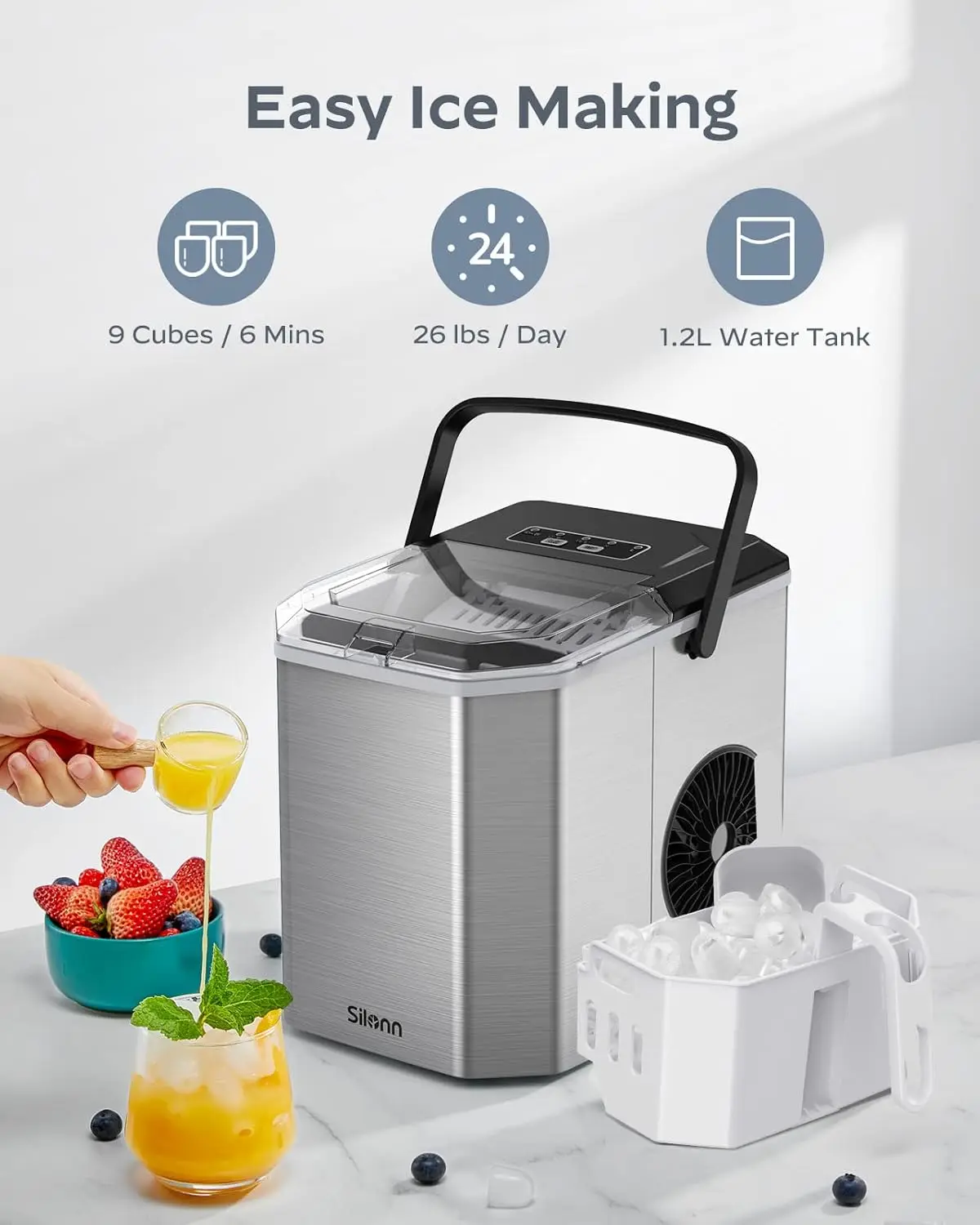 Ice Maker Countertop, Stainless Steel Portable Ice Machine with Carry Handle, Self-Cleaning Ice Makers with Basket and Scoop