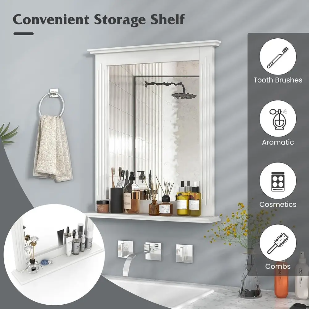 Espejo de pared blanco con estante, espejo de tocador sobre lavabo para baño, dormitorio y más