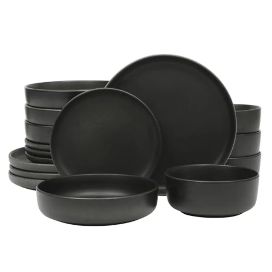 

Pasco 16 Piece Service for 4 Plates and Bowls Double Bowl Reactive Glaze Dishes Stoneware Ceramic Dinnerware Set - Black