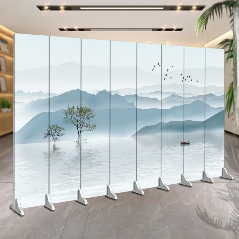 New Chinese Style Solid Wood Screen Partition for Living Room Hotel Office Movable Divider Fashionable Simple Mountain Ink