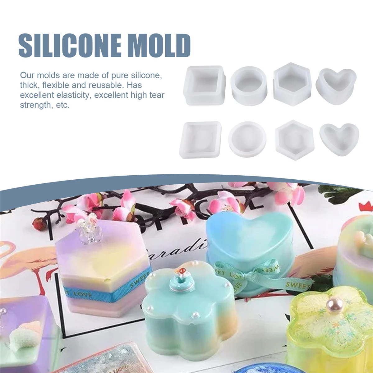 A06K 4 Pak Kotak Cetakan Resin Cetakan Kotak Perhiasan Bentuk Hati/Segi Enam/Bulat dan Persegi Wadah Cetakan Epoksi dengan Tutup