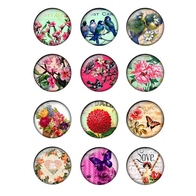 24pcs/lot 10/12/14/16/18/20/25mm Vintage Roses Glass Cabochons Dome Flat Back for Earring Bracelet Ring Base DIY Jewelry H150