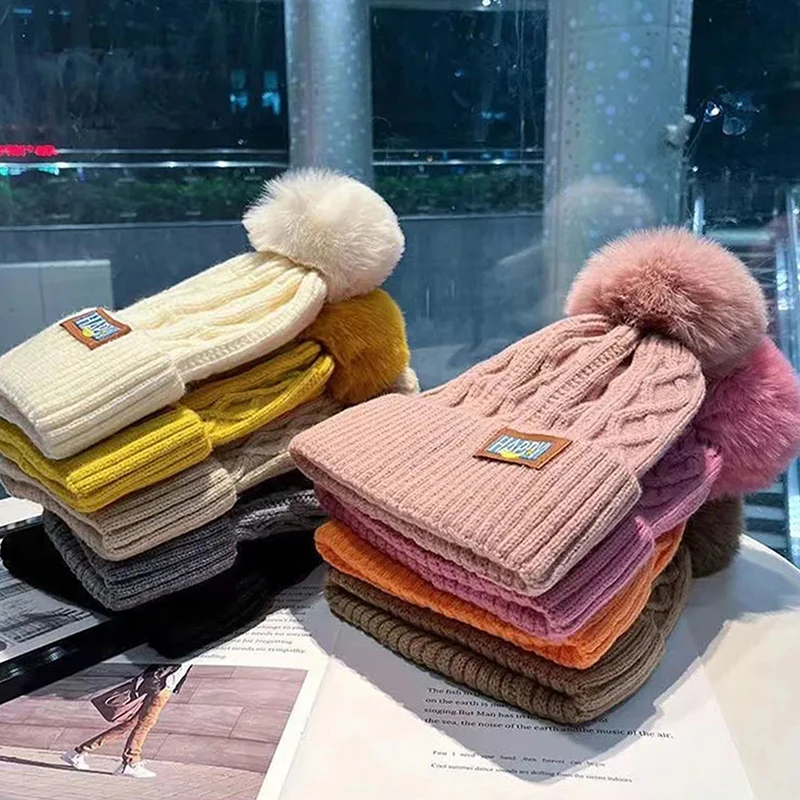 Korean Knitted Cold Hats Faux Fur Embroidery Letter Beanie Female Soft Solid Color Crochet Cap Winter Plus Velvet Warm Wool Hat