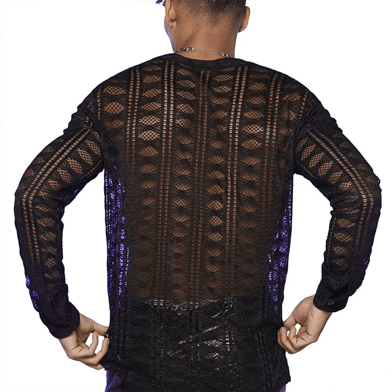 New men's fishnet transparent shirt long sleeve notch collar hollow see-through sexy shirt men's casual hollow V-neck t-shirt