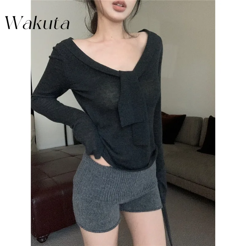 WAKUTA Japanese Retro V-neck Tie Inside The Long-sleeved Knit Sweaters Female Fall Design Sense Thin Spicy Niche Jumper 여성 반팔 니트