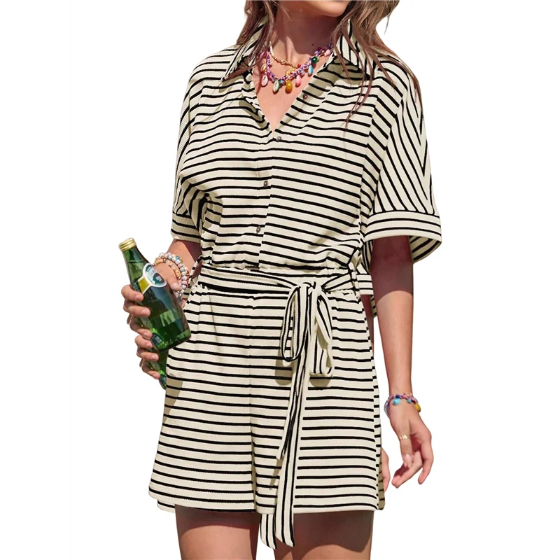

AG-женские летние повседневные полосатые комбинезоны с короткими рукавами и поясом на пуговицах, с эластичной резинкой на талии, короткий комбинезон