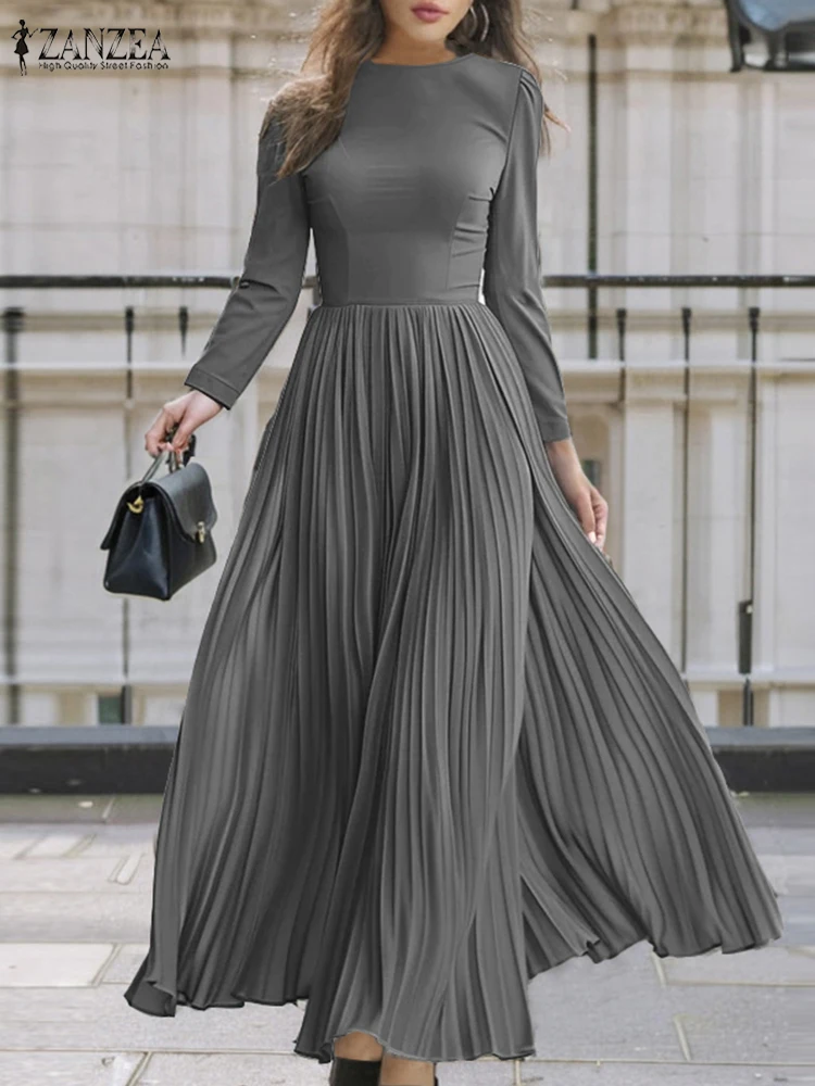 ZANZEA Fashion Women Long Sleeve Party Dresses Autumn Elegant Pleated Long Dress Casual Solid Patchwork Maxi Holiday Sundress