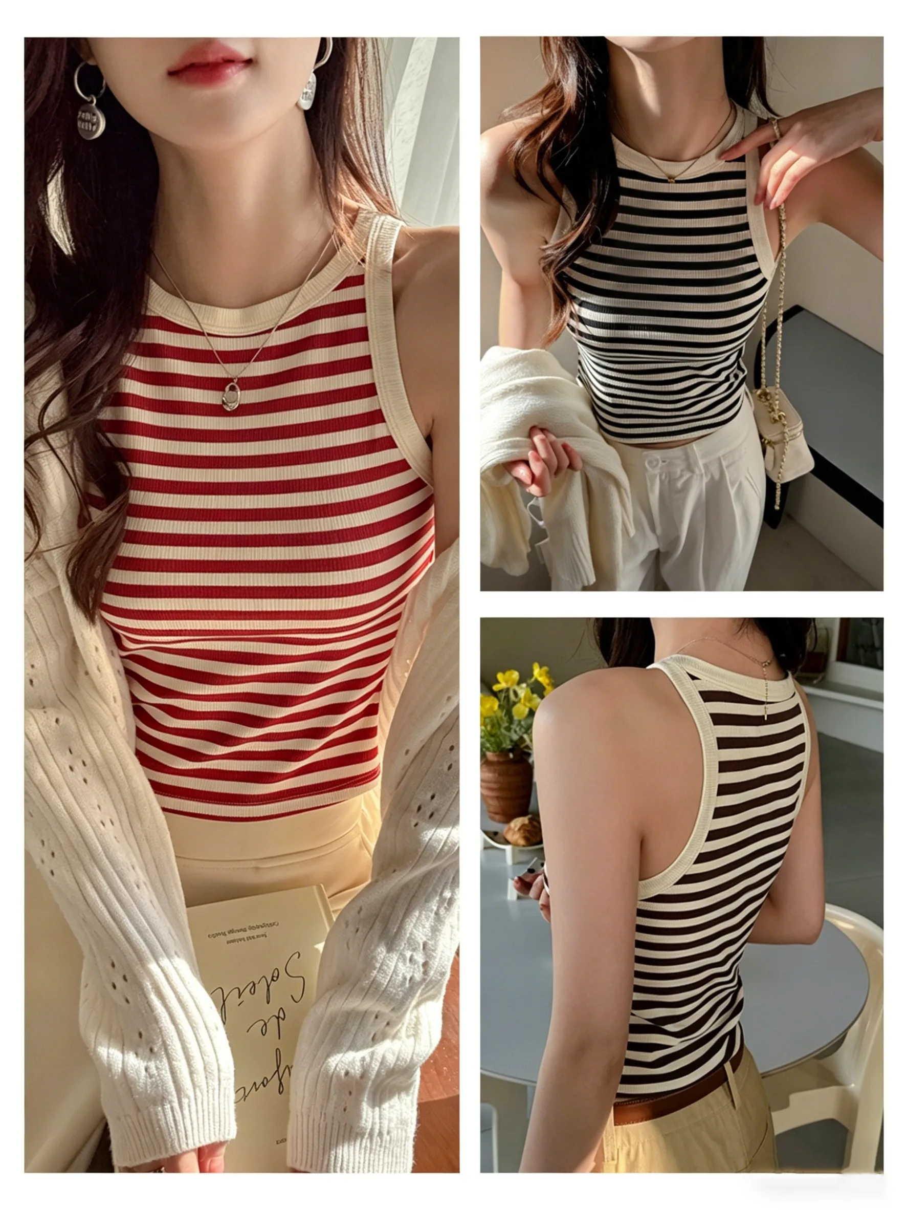 Korean Style Slim Womens Stripe Vest Soft Summer Outfits Beauty Back Tank Top Sleeveless Bottom Tops  Breathable Y2K Outerwear