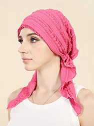 Ramadan Solid Color Turban Hijab Hats Long Tail Head Wraps Soft Elastic Muslim Hats Breathable Chemo Cap For Women Girls