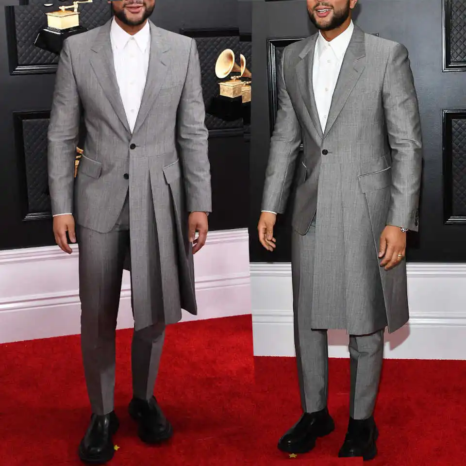 

Gray Men Wedding Tuxedos Unique Designer Customized Handsome Business Groom Pants Suits Fashion Show Wear 2 Pieces