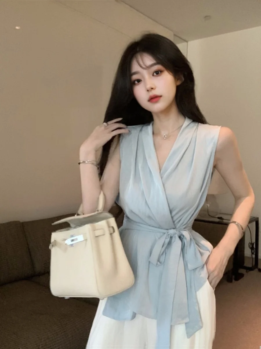 

Celebrity Ladylike Sleeveless V-neck Lace-up Waisted Slim Tank Women Loose Wide Leg Pants Summer Pure Elegant Two Pieces Set