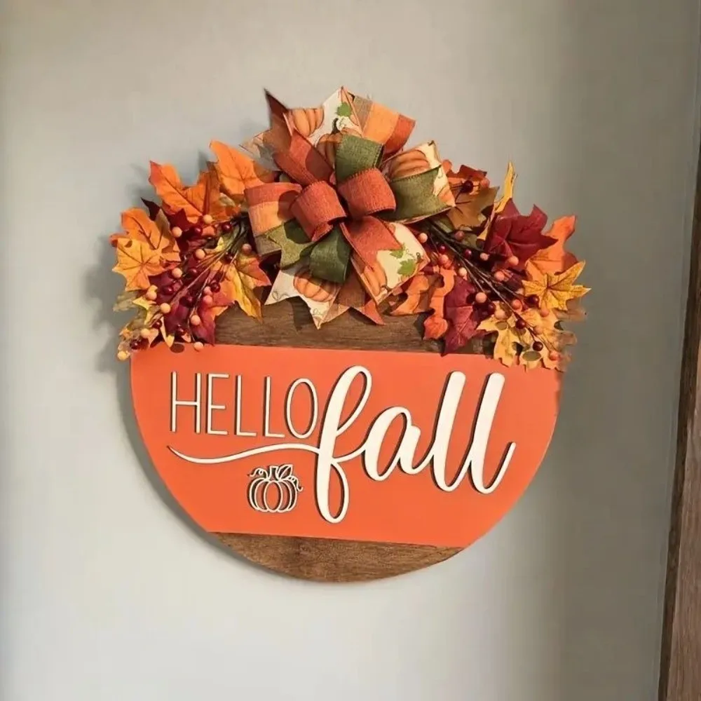 Wooden Harvest Festival Sign Rustic 2D Flat Print Fall Halloween Decorative Sign Maple Leaf Scarecrow Wreath