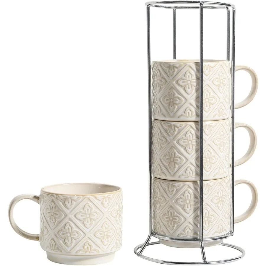 

Штабелируемые керамические кофейные чашки на 6 унций, набор из 4 штук с подставкой для эспрессо, капучино, латте, какао, мокко, чай с тиснением, идеально подходит для