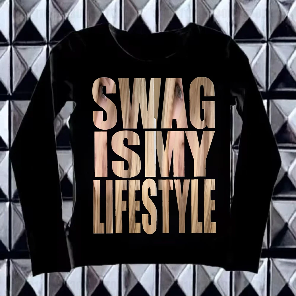 Camouflage Retro Brief Muster Langarm T-Shirt Slim Fit Punk Y2K Top High Street Style Stadt Harajuku Rock Damen T-Shirt