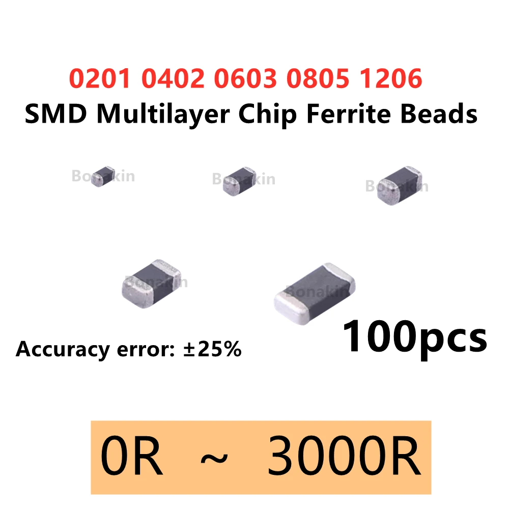 100pcs 0201 0402 0603 0805 1206 SMD Multilayer Chip Ferrite Beads 22R 30R 47R 60R 100R 120R 220R 300R 390R 470R 600R 1K Ω ohm
