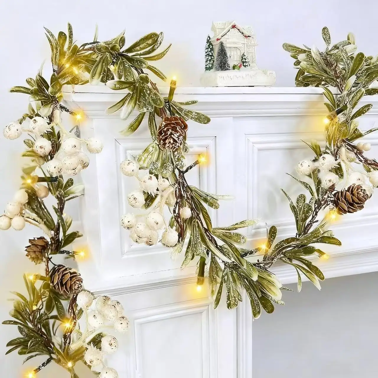180 CM Mistletoe Lighted Christmas Garland, Prelit Flocked Cedar Garland with 20 Lights Mistletoe Leaves White Berry Pinecorn