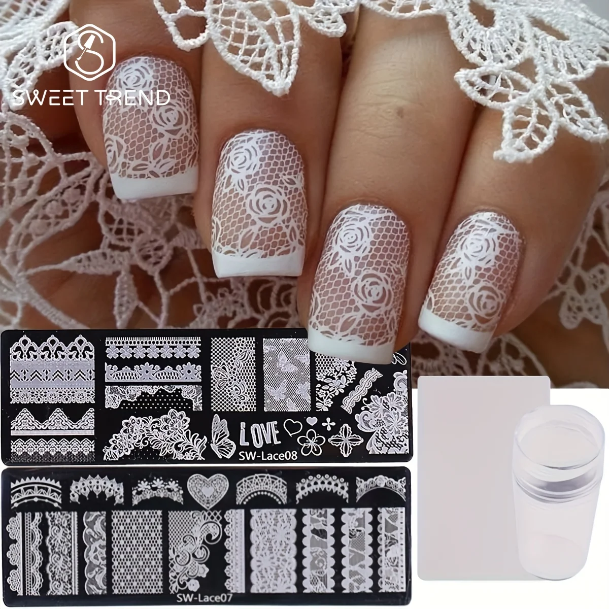 2pcs Lace Wedding Manicure Stainless Steel Nail Art Stamping Plate With Stamper Flowers Butterfly Image Printing Nail Templates