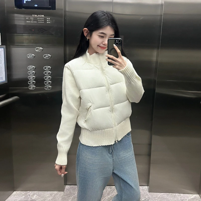 الكورية محبوك خياطة أسفل القطن وسادة مبطنة المرأة خريف شتاء 2025 جديد قصير فضفاض الوقوف طوق سستة معطف الوردي الرمادي