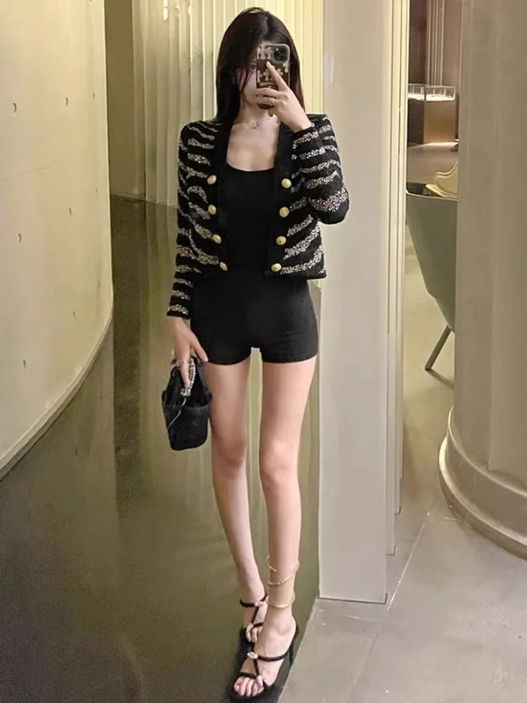 High Quality Women Fashion Beaded Striped Double-Breasted Knitted Cardigan Jacket Fashion Vintage Autumn Knitwear Sweater Coats