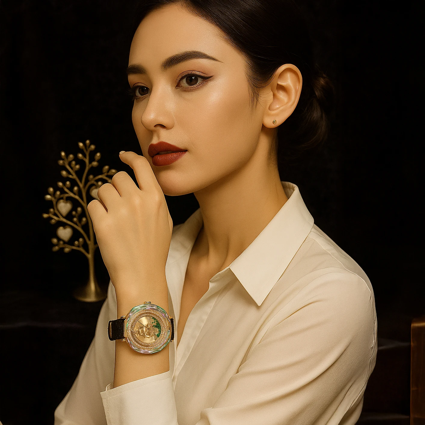 Princess Butterfly นาฬิกาข้อมือผู้หญิงควอตซ์แฟชั่นวินเทจนาฬิกาผู้หญิงปลาทองการเดินทางที่ราบรื่นเพชรหลากสีแบรนด์ดั้งเดิมนาฬิกาหนังของขวัญสำหรับผู้หญิง