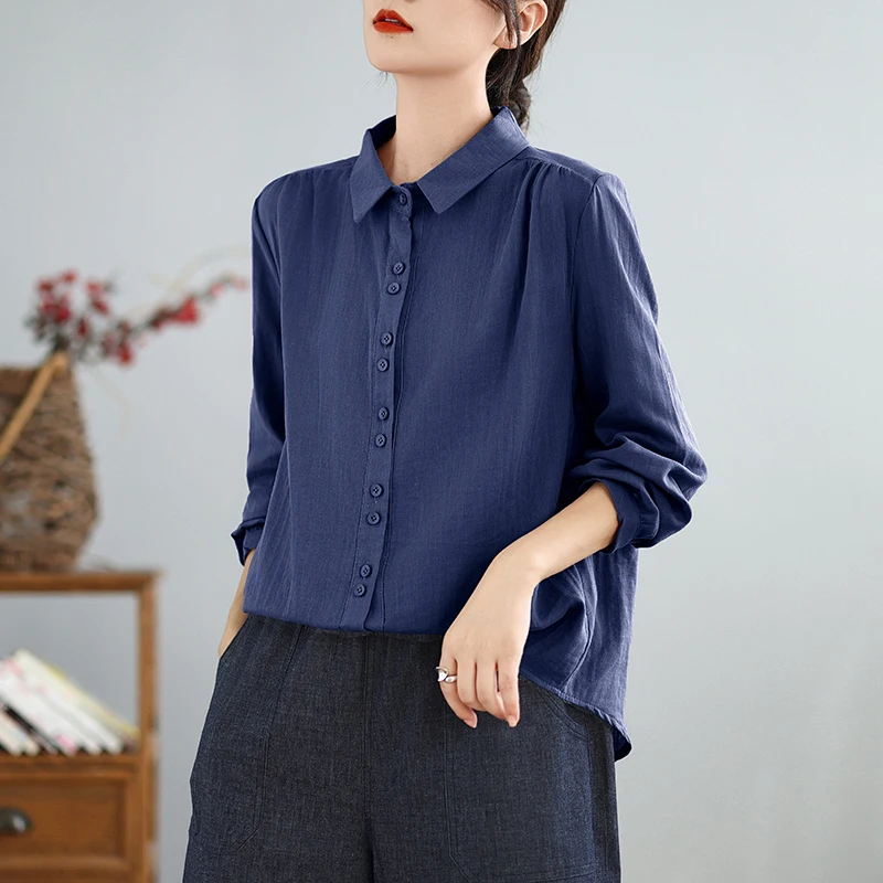 Autunno New Sle Donna Loose Fit Lungo Sve Cotton irt Top dimagrante in filato di cotone artistico vintage a doppio strato