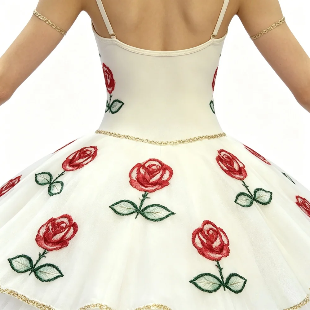 Vintage Red Floral Rose Embroidered Ballet Tutu Skirt Kids Professional Stage Competition Dance Costume Pointe Dress