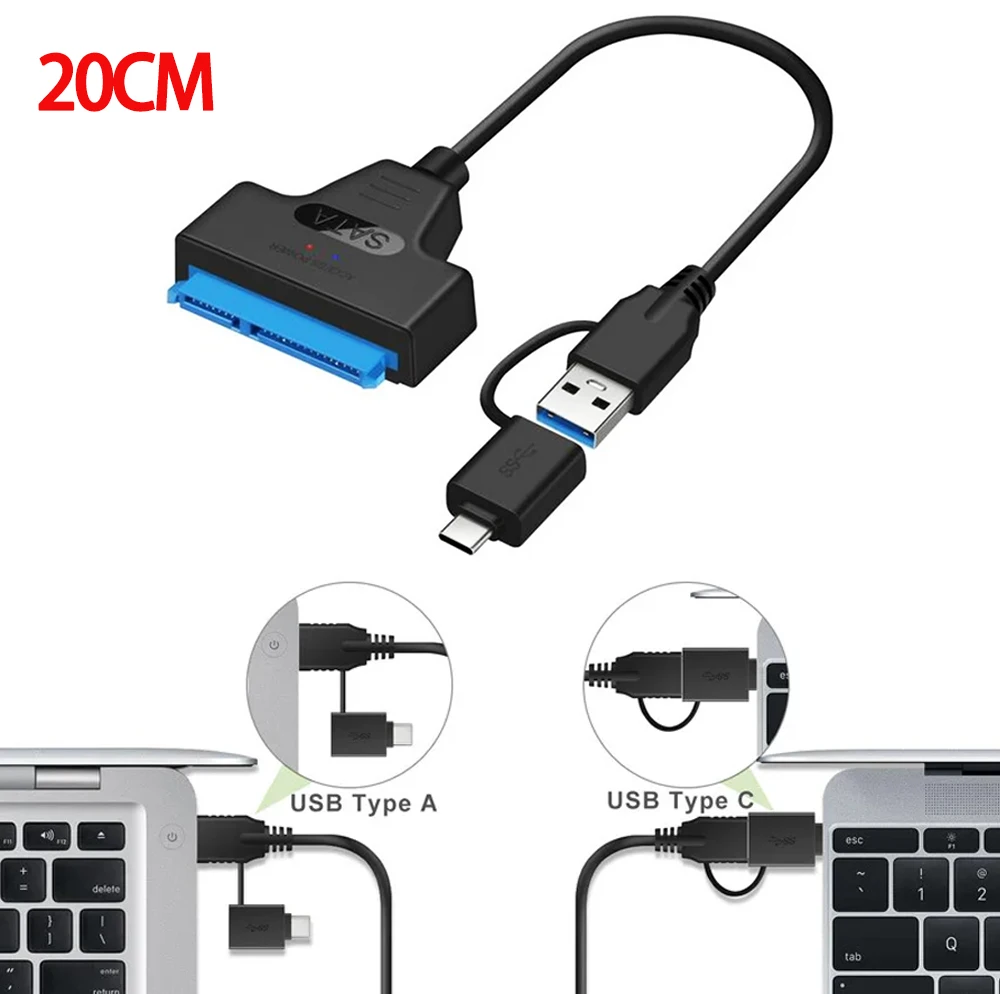 SATA para USB tipo C cabo adaptador, disco rígido, HDD, SSD, transferência de dados, 22 pinos, USB 3.0, 2.0, 2.5"