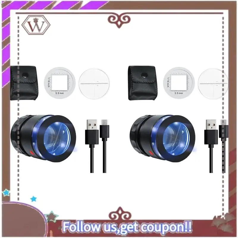

A95D-2Pcs Лупа-лупа 10X, перезаряжаемая увеличительное стекло для ювелиров со светодиодной подсветкой и шкалой, регулируемое фокусное расстояние