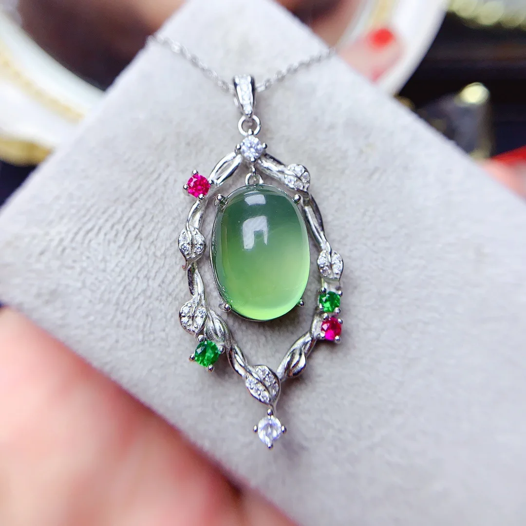 

12*16mm Natural Prehnite Pendant, S925 Sterling Silver Golden Gemstone Solitaire, Elegant Green Jewelry （no Chain)