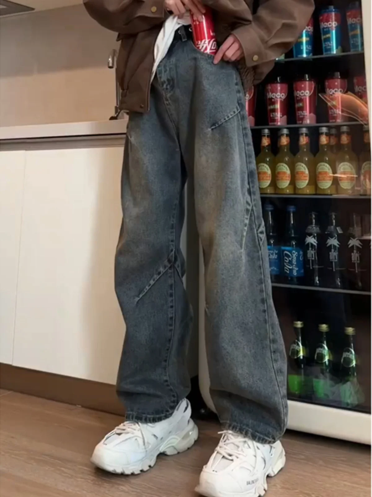 

Винтажные мужские джинсы прямого кроя с плиссировкой, весенне-осенние, с высокой талией, на молнии, повседневные, модные, длинные брюки для подростков