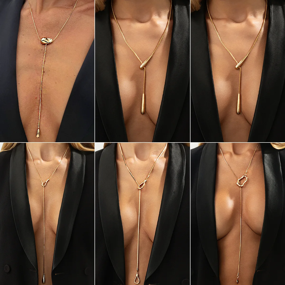 Drop Pendant Necklace Irregular Liquid Form Adjustable Long Chain Rose Gold Tone Lightweight Elegant Daily Wear Jewelry Ladies