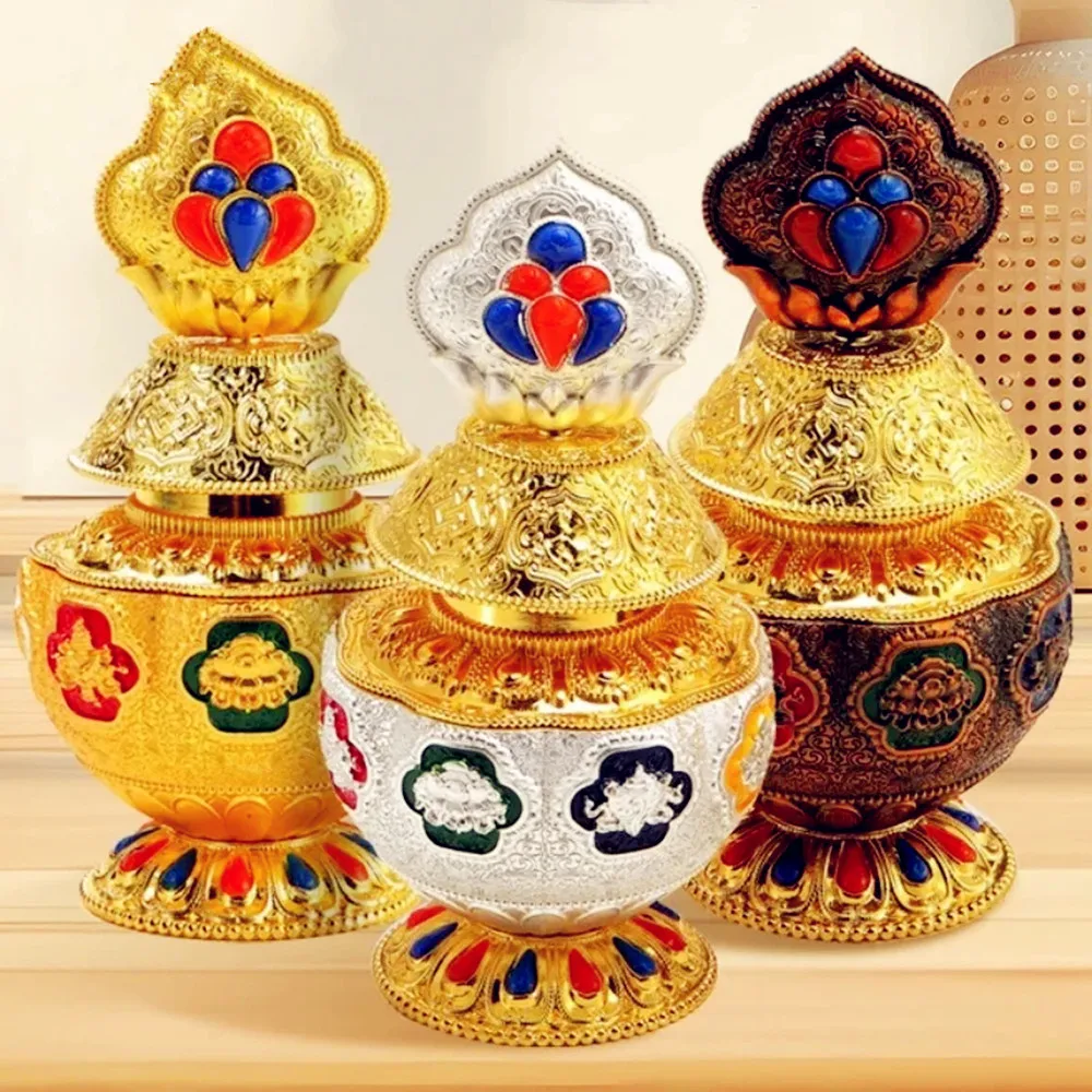 

Tibetan Aquarius Box Rack,Buddhism With lid Box,Painting Alloy Eight Auspicious Tribute Jar,Buddhist Supplies Altars Decorative