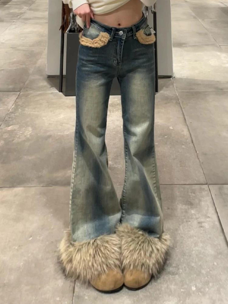 

Retro American Design Mixed Fur Denim Jeans Women's Slimming Micro Flared Floor-Length Pants Low Waist Zipper Pure Color