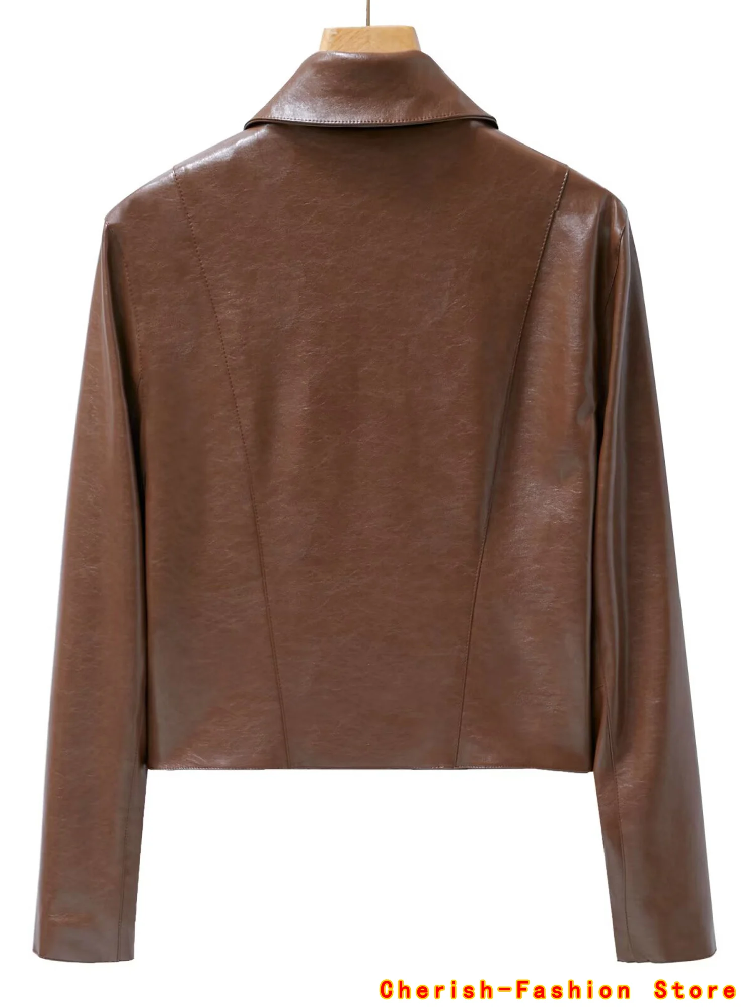 Vintage Brown Loose Short Leather Jacket Women Fashion Lapel Long Sleeves Zipper Cropped Coat 2025 Autumn Lady Street Outwear