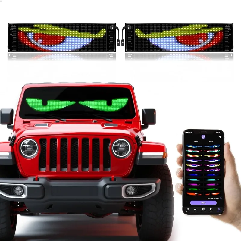 2PCS Devil Eyes Light Soft Screen Flexible Scrolling Programmable LED Signs Custom Colors Animations Text for Car SUV Windshield