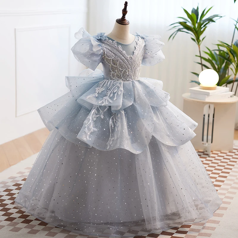 Tule azul princesa vestido em camadas menina crianças puff manga o-pescoço floor-length chiffon vestidos de lantejoulas brilhantes rendas beading vestido de baile