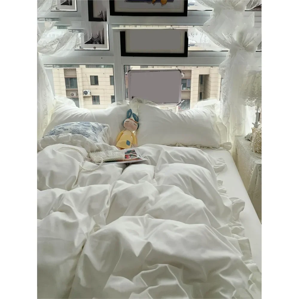 

Set Solid Color Duvet Cover Set1 Duvet Cover 2 Pillowcase Minimalist Polyester Ruffle Trim Bedding Set For Home Room Stuff