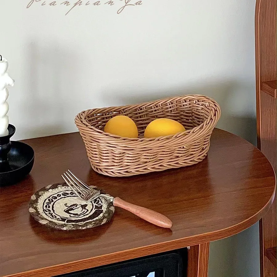 Simulation Rattan Woven Fruit Basket Serving Baskets Handmade Oval Vegetable Storage Basket Display Kitchen Tabletop Basket