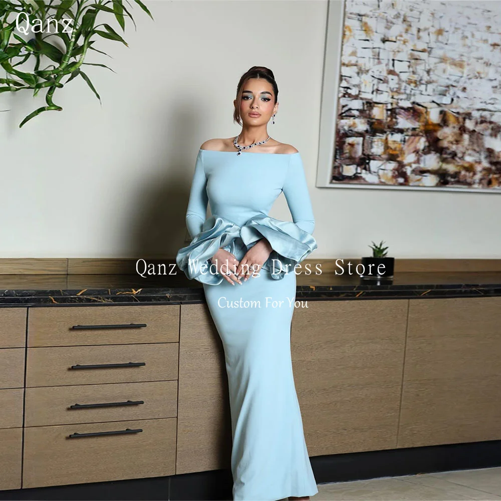 

Qanz Dubai Sky Blue Mermaid Evening Dresses Off the Shoulder Special Event Party Gowns Wedding Guest Dresses Women Customized